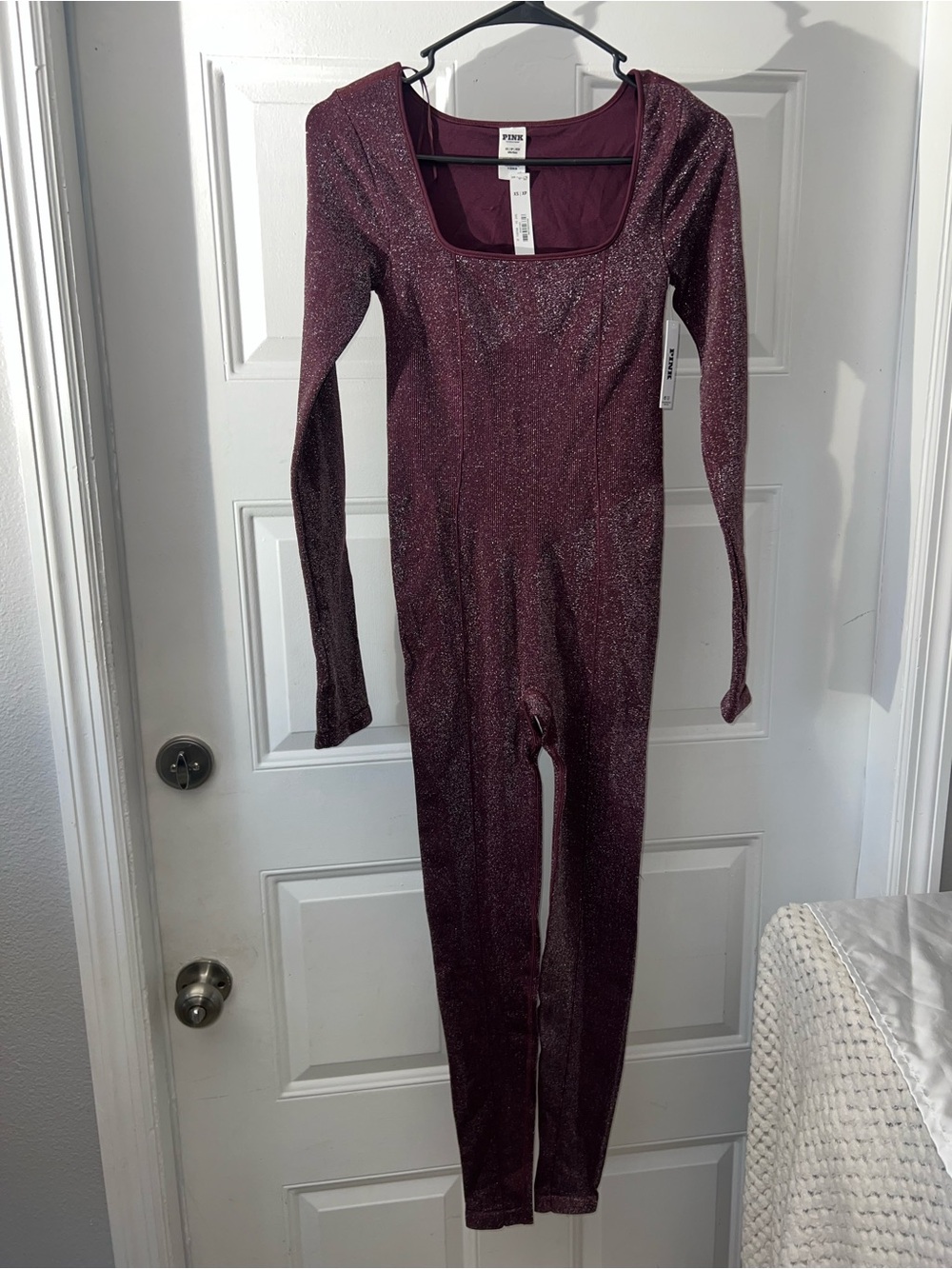 PINK Victoria's Secret Sparkle Long-Sleeve Scoop-Neck Bodysuit in Plum